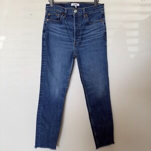 Redone Women Jeans 29" 90s High Rise Ankle Crop Fray Hem Button Fly Dark‎ Wash